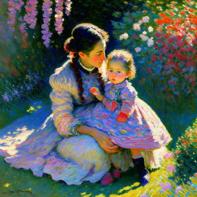 Vibrant painting of woman and child surrounded by colorful flowers