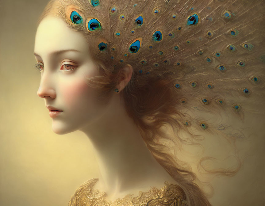 Profile of woman with peacock feather hair decoration in digital art