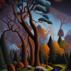 Surreal painting of twisted tree, moonlit sky, and silhouetted figures