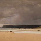 Scenic beach painting with cliffs and cloudy sky