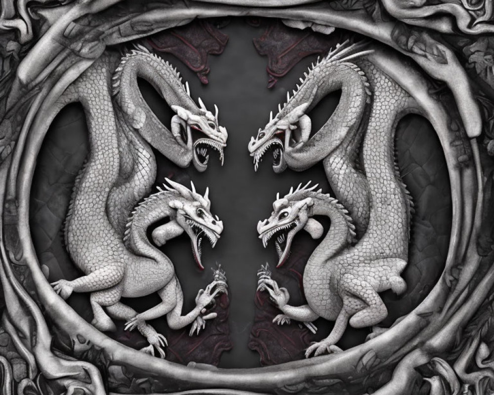 Symmetrical design of intricately carved stone dragons in gothic-style border