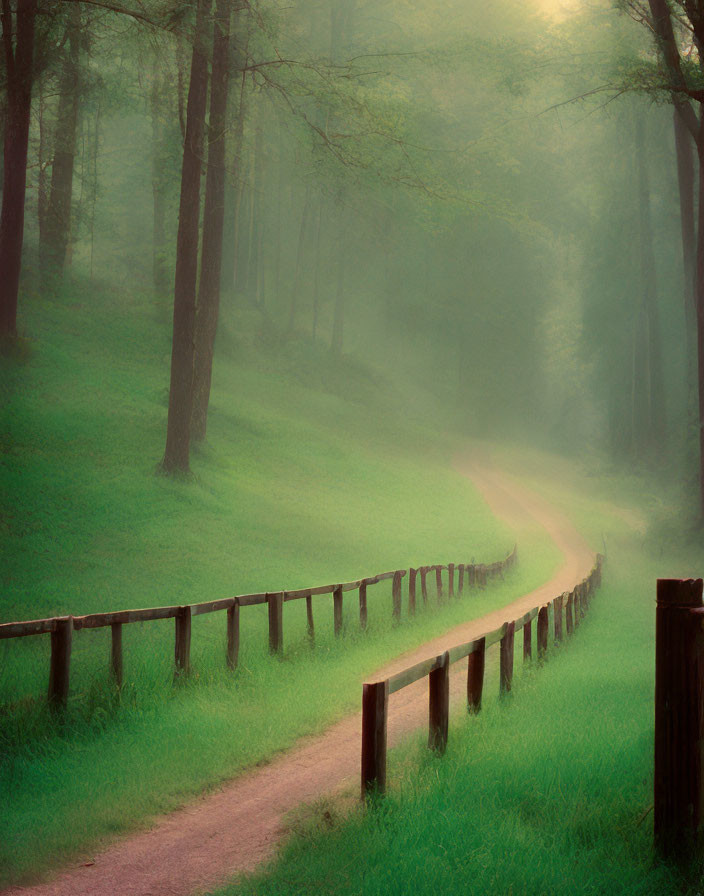 Forest scene: winding dirt path and wooden fence in misty ambiance