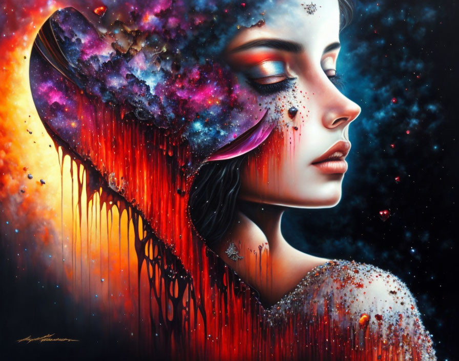 Surreal portrait of woman with galaxy headpiece melting into red backdrop