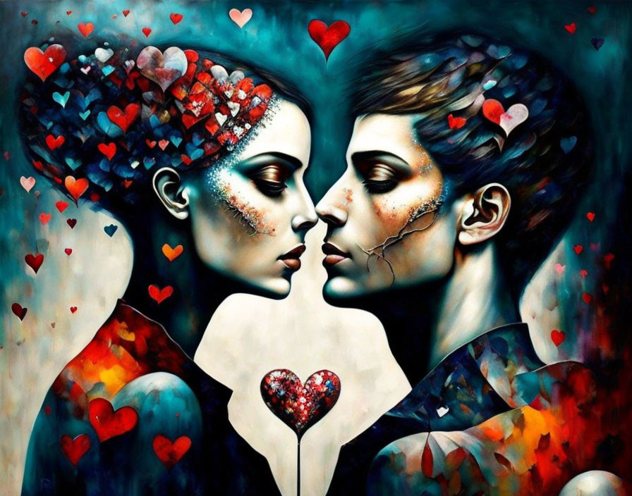 Colorful digital painting: Couple touching foreheads with hearts.