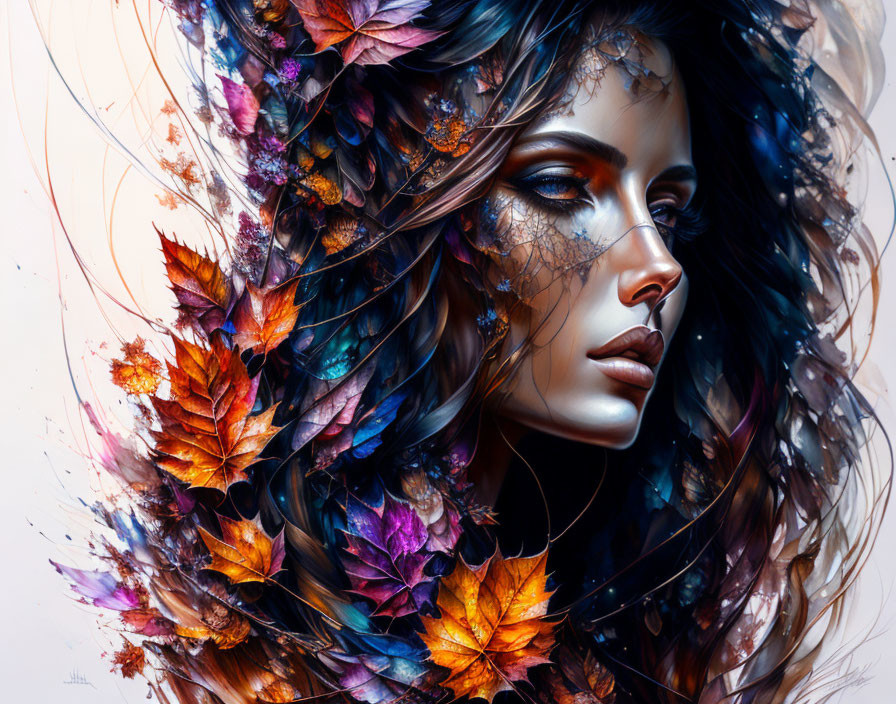 Woman's portrait with vibrant autumn leaves in hair, showcasing orange, red, and purple hues.