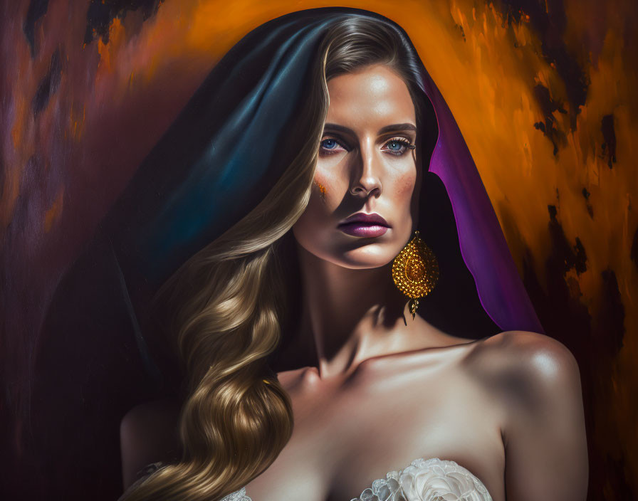 Vibrant painting of woman with flowing hair and blue eyes on fiery backdrop