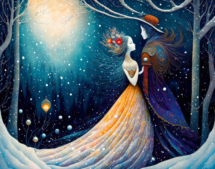 Illustration of woman and peacock-like entity in snowy forest with glowing orb