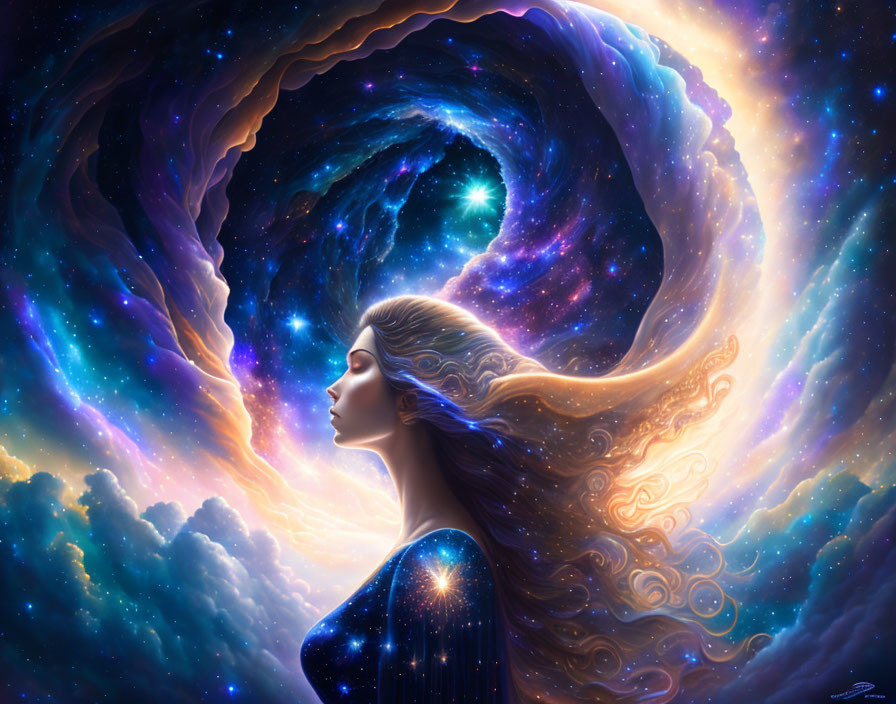 Surreal cosmic portrait: Woman blending into vibrant galaxy