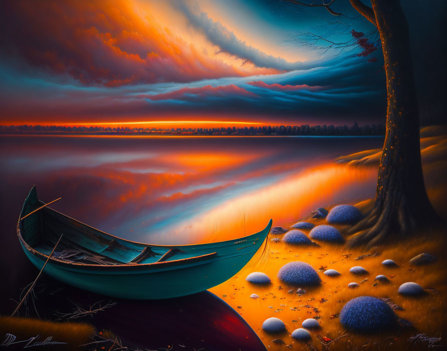 Digital artwork: Tranquil lake sunset with canoe, trees, and glowing mushrooms