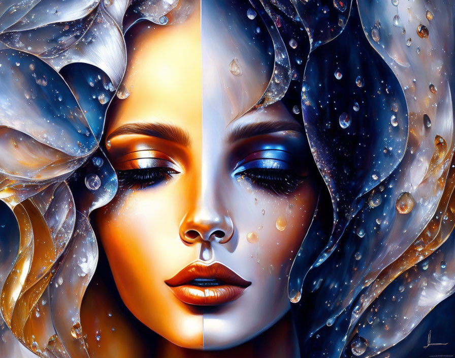 Symmetrical digital artwork of woman's face with lotus petals and vibrant colors