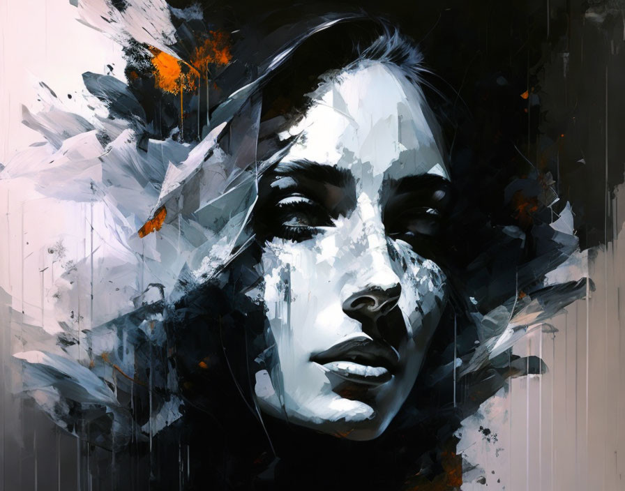 Monochrome digital painting of woman's face with abstract strokes and orange leaves