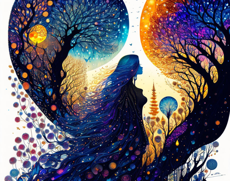 Vibrant illustration of person merging with blue and golden trees