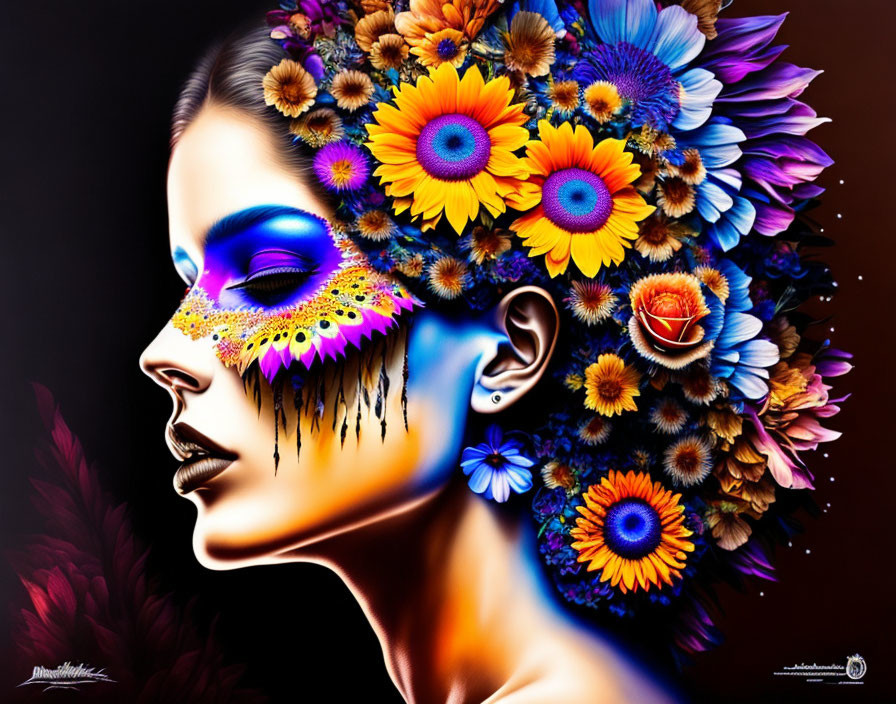 Colorful digital portrait of woman in floral headdress on dark backdrop