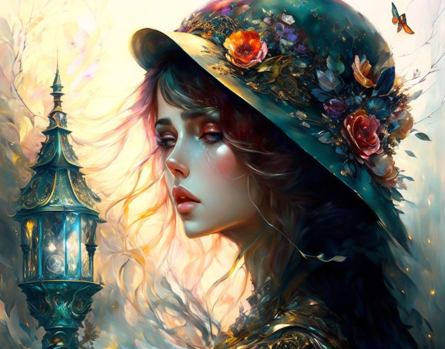 Illustrated woman with floral hat near lantern in vibrant autumn colors