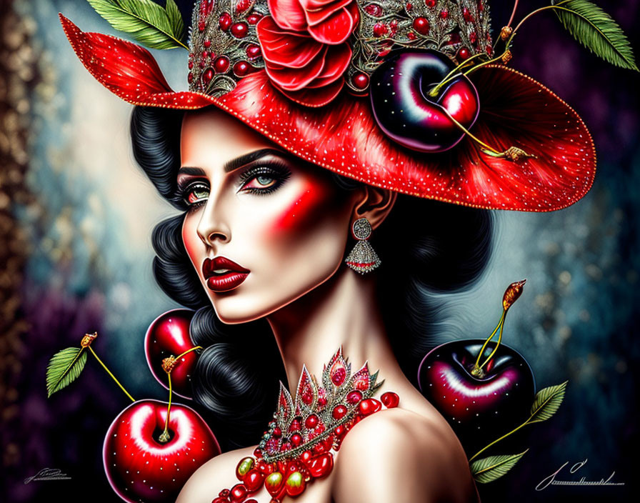 Illustrated woman with dark hair in red hat with flowers, jewels, cherries, red makeup