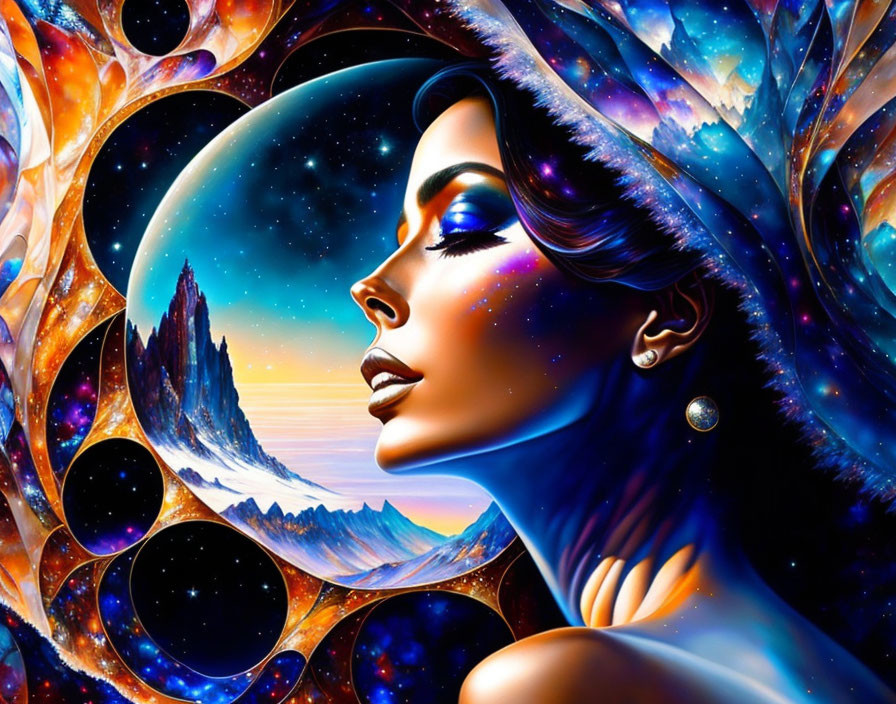 Colorful digital artwork: Woman's profile with cosmic elements and mountain landscape.