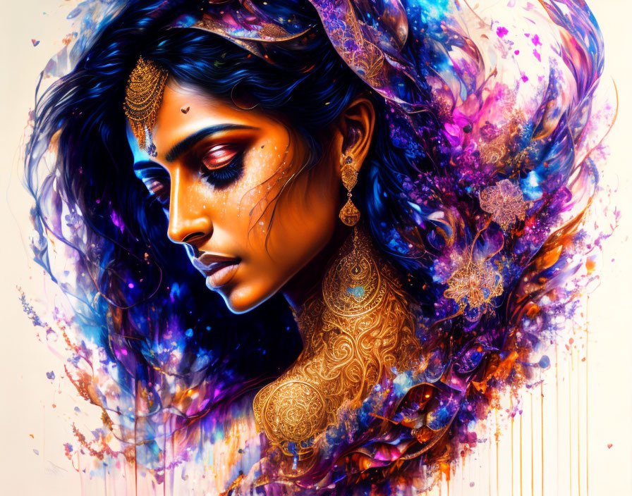 Colorful portrait of a woman adorned with South Asian jewelry in blue and purple tones