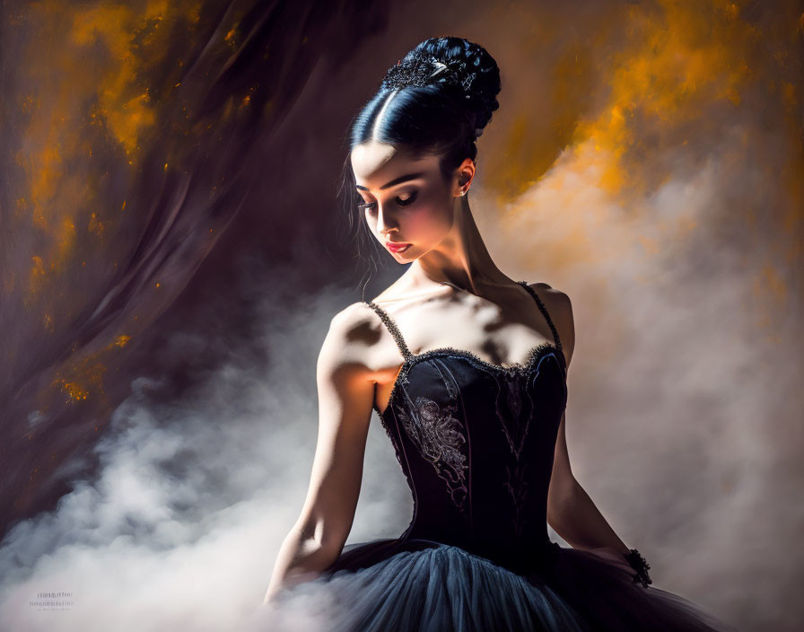 Elegant woman in dark tutu dress with dramatic lighting