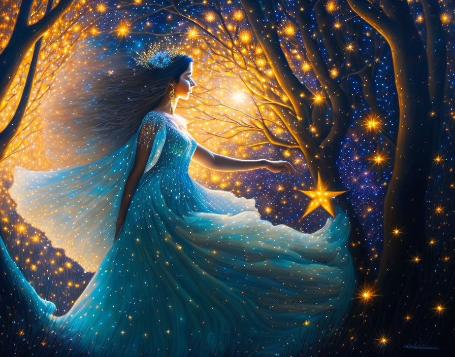 Woman in Sparkling Blue Gown in Luminous Forest with Glowing Trees