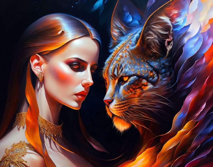 Digital painting of woman with golden headdress and cosmic cat with galaxy-like mane