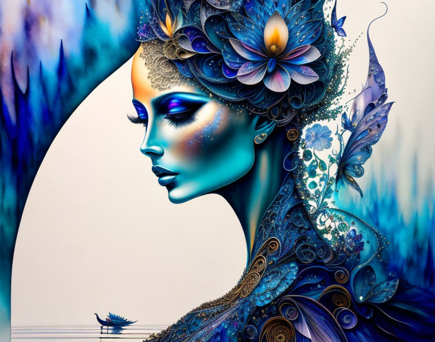 Colorful woman with floral and peacock feather motifs in blues and purples, with moonlit