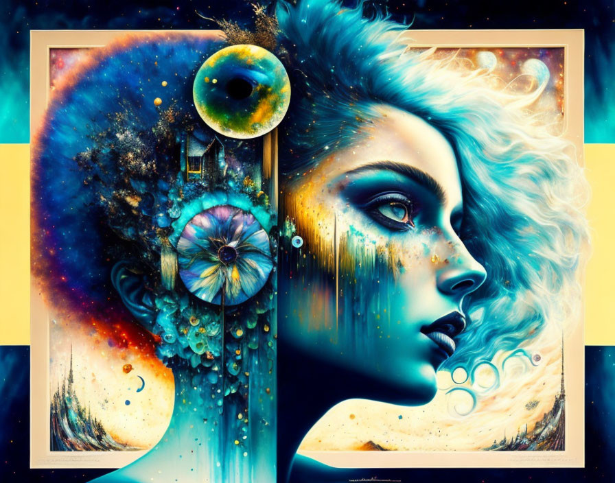 Surreal artwork: Woman's face merges with cosmic, nautilus shell, house, vibrant blue