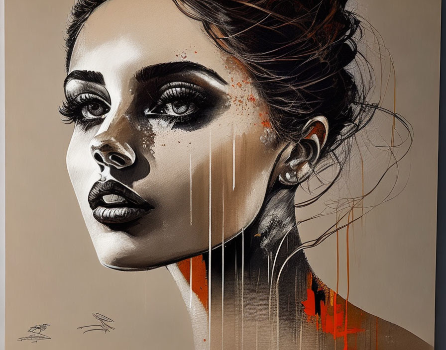 Abstract portrait of woman: Black and orange accents, paint drips on beige