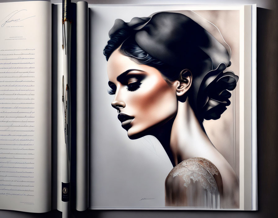 Illustration of woman with dramatic makeup and headpiece on open book with pens