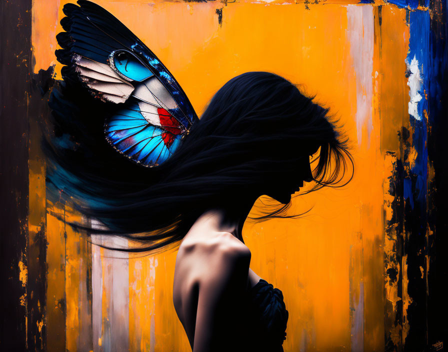 Silhouette of person with flowing hair and blue butterfly wing on colorful background