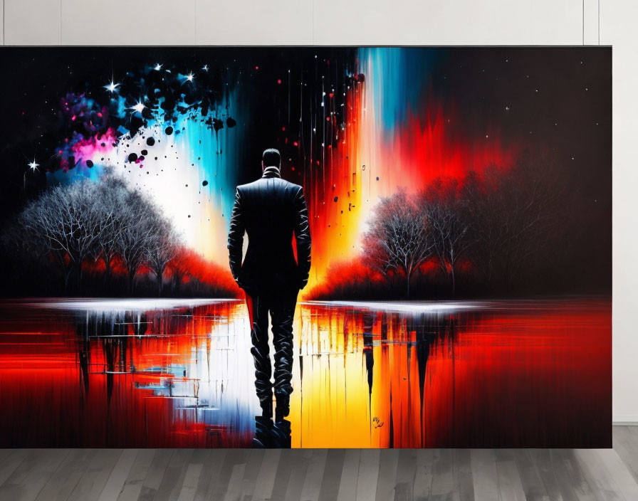 Colorful painting: man in suit by reflective water with cosmic sky