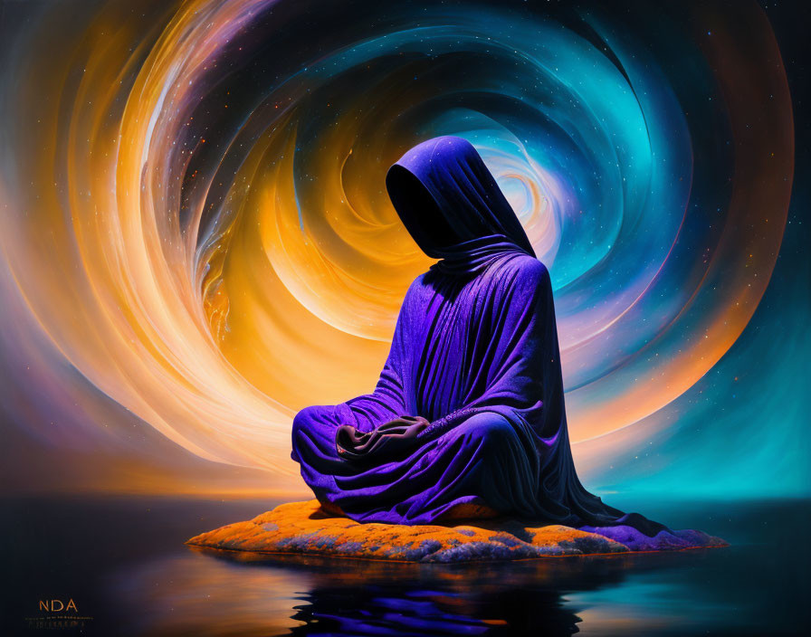 Cloaked Figure Meditating on Orange Rock in Cosmic Setting