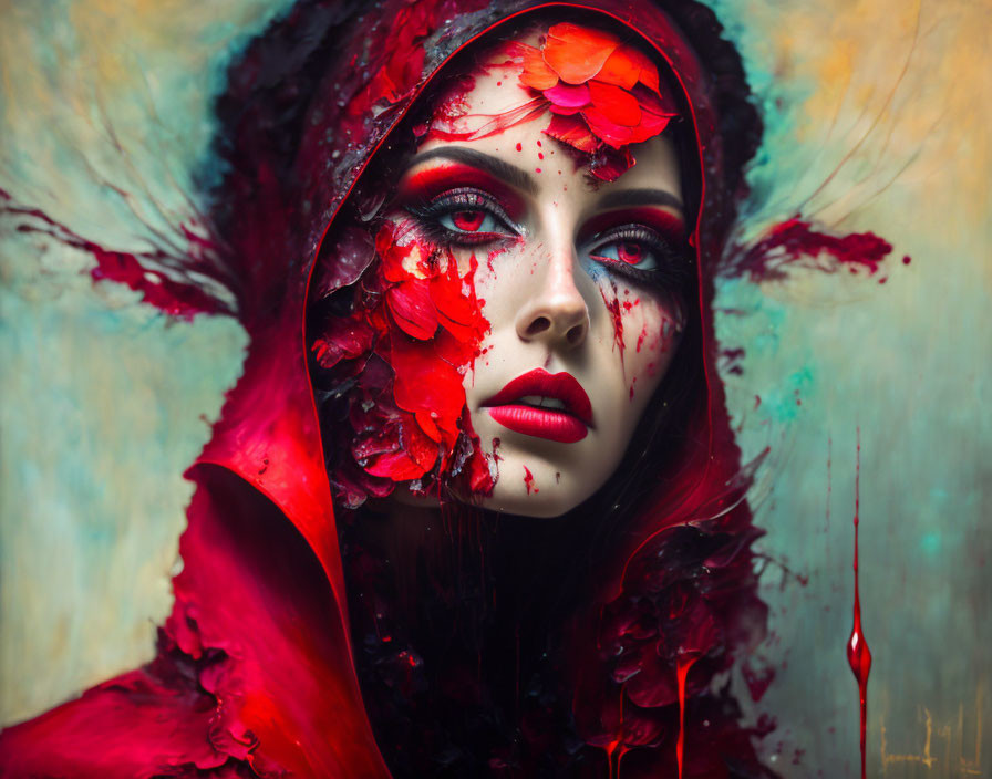 Woman with dramatic red makeup and rose petals on face in red hooded cloak