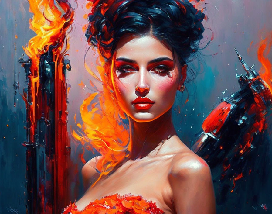 Colorful digital artwork: Woman with fiery elements and orange petals on dynamic, cool-toned backdrop