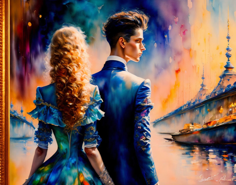 Ornate historical attire figures admire vibrant impressionistic cityscape