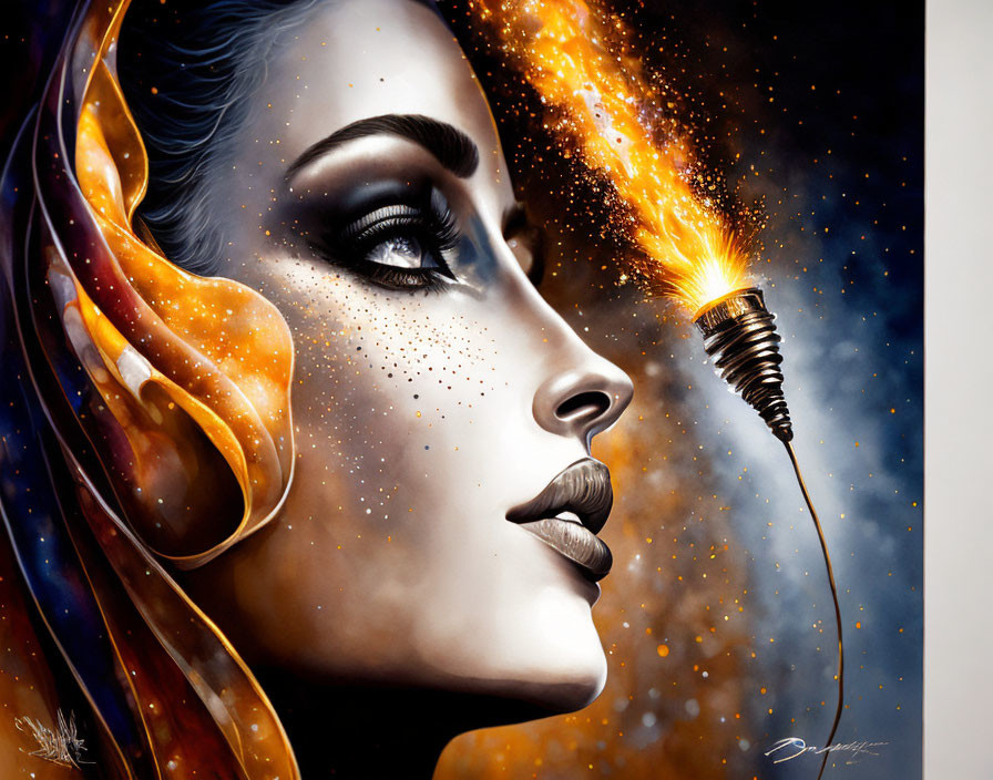 Woman in cosmic-themed artwork with fiery orange nebula eyes and sparkler lips