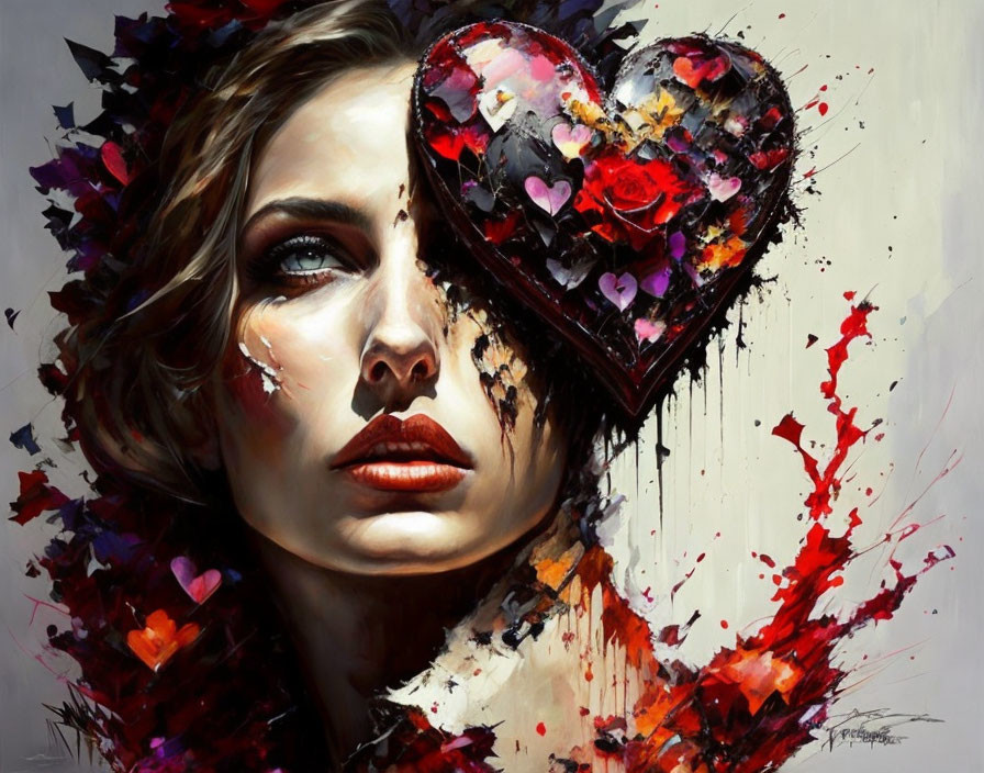 Abstract painting of woman with flower heart in red and purple tones