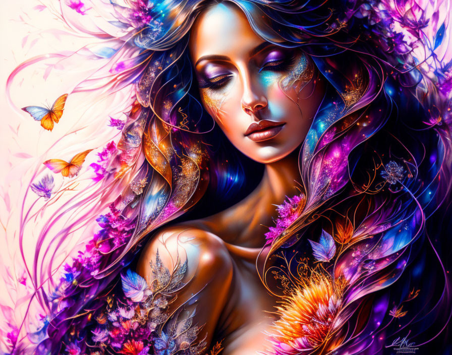 Digital artwork: Woman with floral and butterfly hair adornments