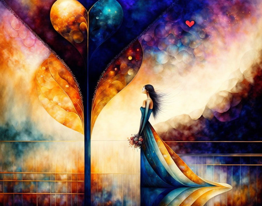 Colorful illustration: Woman in flowing dress admires whimsical tree with heart-shaped leaves.