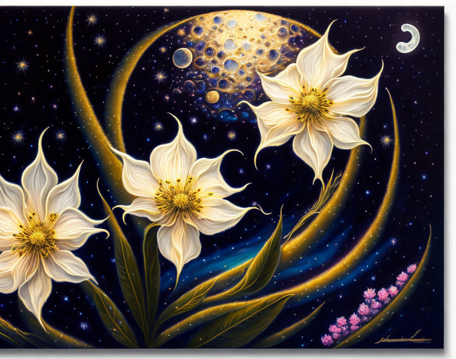 Cosmic painting with large white flowers and starry night sky