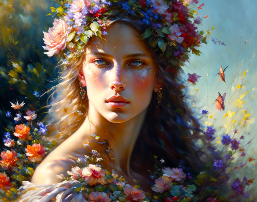 Woman with Floral Crown and Blue Eyes Surrounded by Flowers and Butterflies