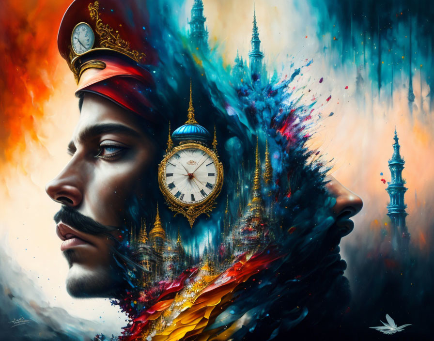 Man's surreal portrait with architectural elements, clock, and vibrant colors blending into dream-like backdrop.