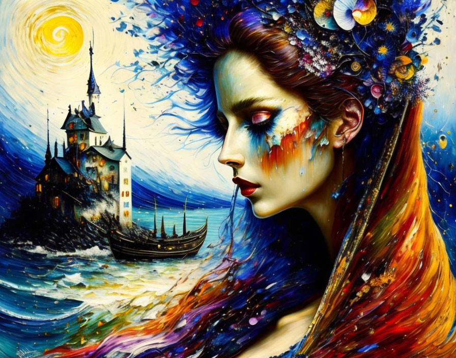 Colorful painting: woman with fantasy seascape face, waves, ship, castle, starry sky