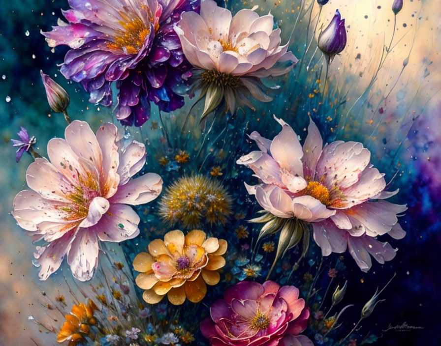 Cosmic-inspired digital artwork of vibrant flowers in purple, pink, and yellow hues