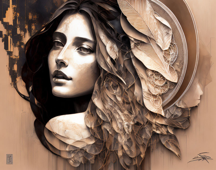 Woman's profile with feather-like elements in muted colors blending modern and vintage styles