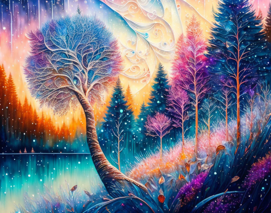 Colorful, mystical landscape with galaxy and vibrant trees