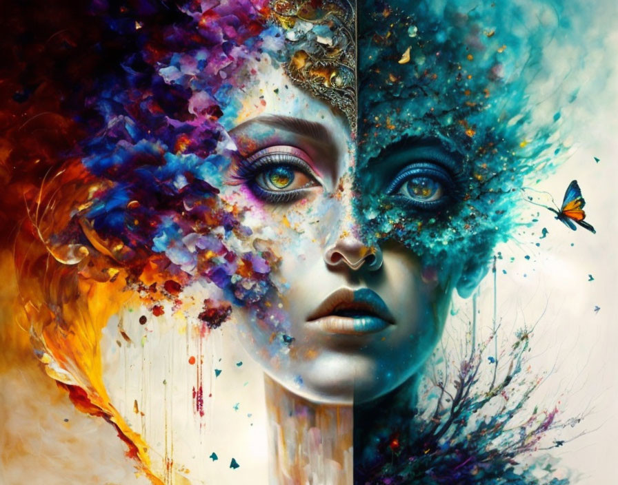 Colorful surreal portrait of a woman with abstract explosion and butterfly.