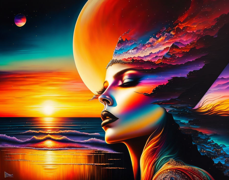 Colorful fantasy artwork: Woman's profile merges with surreal sunset seascape, waves, cliffs, large