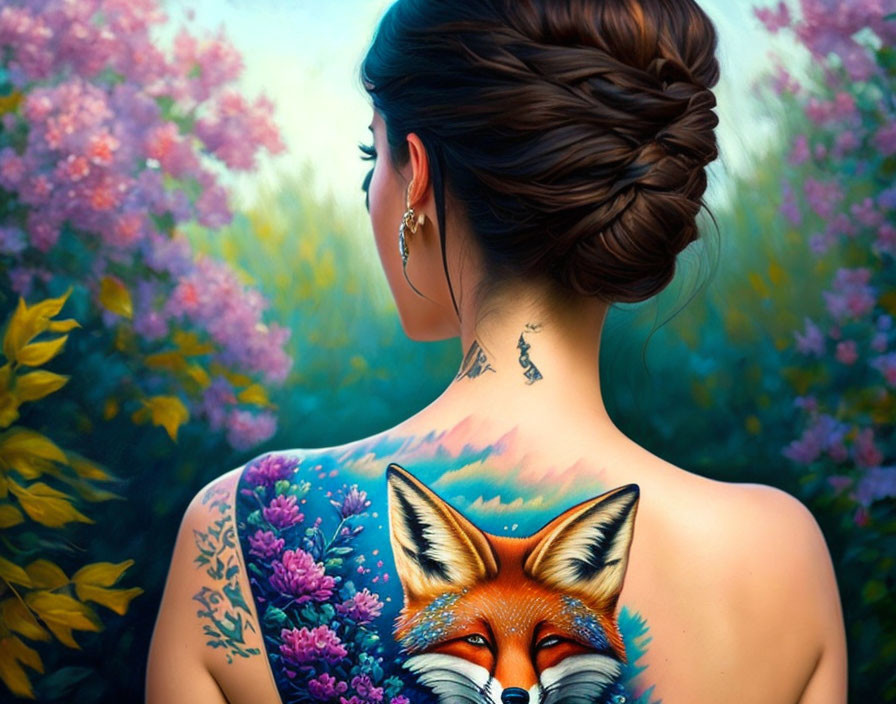 Intricately braided updo woman with vibrant fox tattoo on floral-adorned back