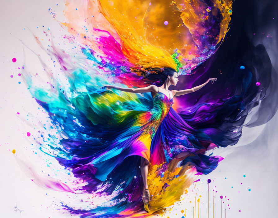 Colorful Paint Splashes Flowing Dress Artwork