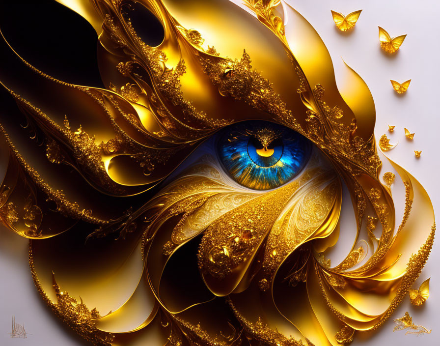 Blue Eye with Gold Patterns and Butterfly Motifs in Surrealist Art